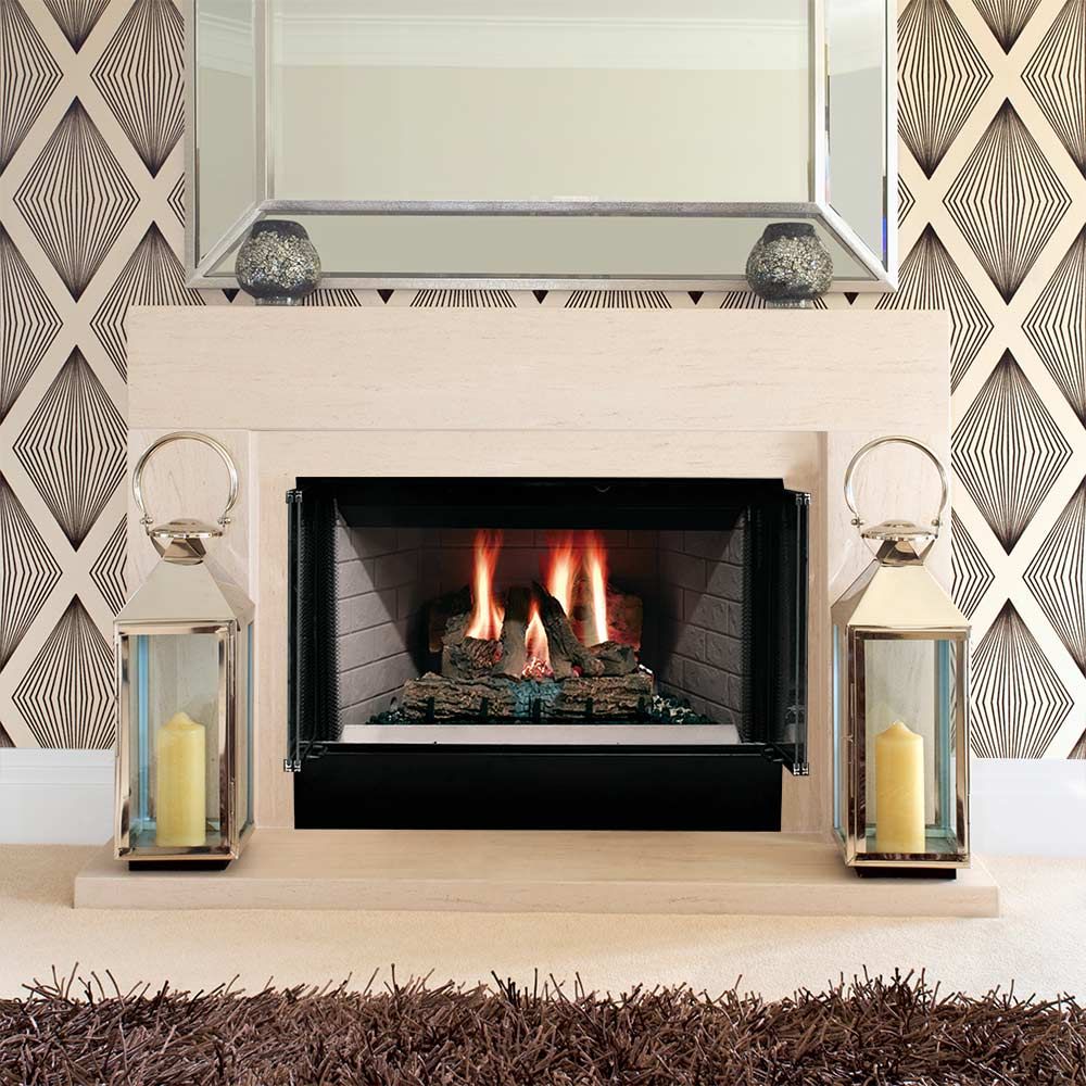 Majestic Sovereign 36-Inch Wood Burning Fireplace with a sleek white background wall