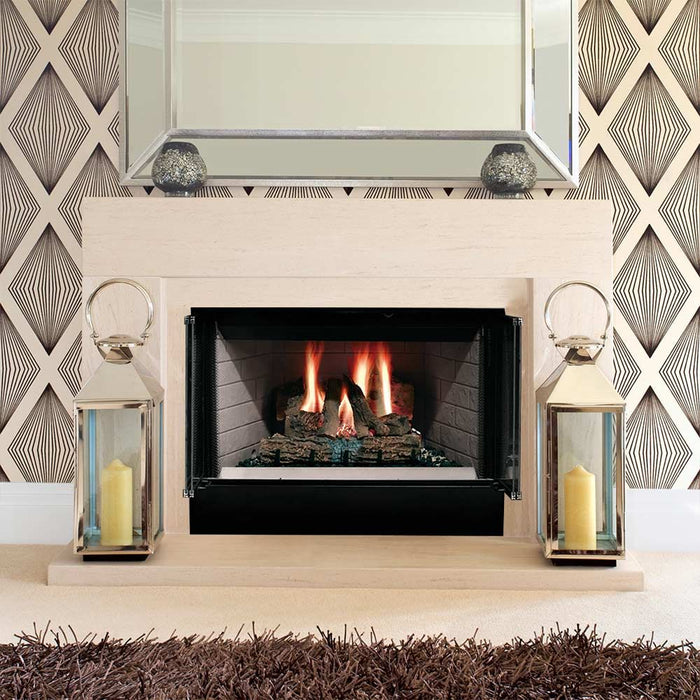 Majestic Sovereign 36-Inch Wood Burning Fireplace with a sleek white background wall