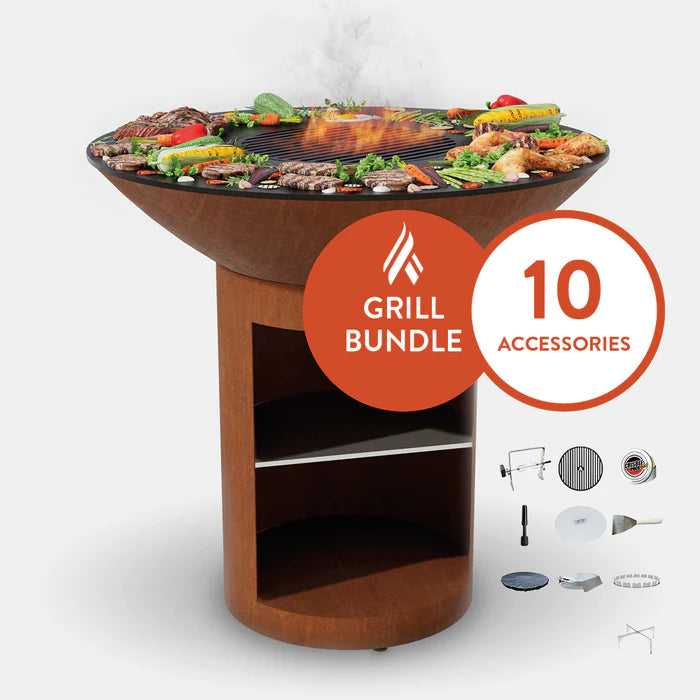Arteflame Classic 40" - Corten Steel Grill - High Round Base With Storage Home Chef Max Bundle With 10 Grilling Accessories