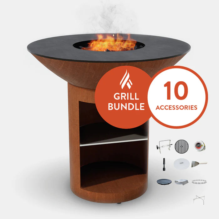 Arteflame Classic 40" - Corten Steel Grill - High Round Base With Storage Home Chef Max Bundle With 10 Grilling Accessories
