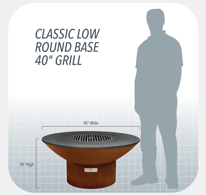 Arteflame Classic 40" - Corten Steel Grill - Low Round Base Starter Bundle With 2 Grilling Accessories