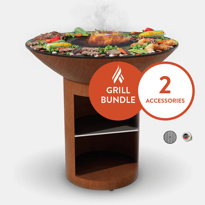 Arteflame Classic 40" - Corten Steel Grill - High Round Base And Storage Starter Bundle With 2 Grilling Accessories