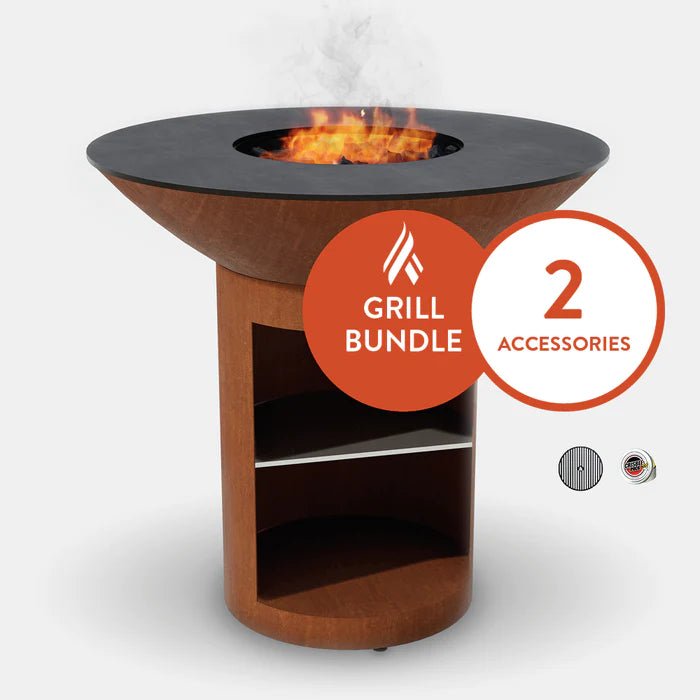 Arteflame Classic 40" - Corten Steel Grill - High Round Base And Storage Starter Bundle With 2 Grilling Accessories