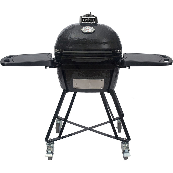 Primo All-In-One Oval Junior 200 Charcoal Ceramic Kamado Grill With Cradle, Side Shelves, And Stainless Steel Grates PGCJRC