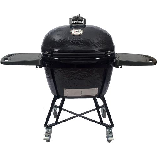 Primo All-In-One Oval XXL Charcoal Ceramic Kamado Grill With Cradle, Side Shelves, And Stainless Steel Grates PGCXXLC