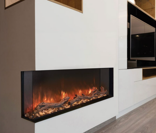 Modern Flames Landscape Pro Multi Built-In 56" Electric Fireplace Mounted on Corner of White Wall