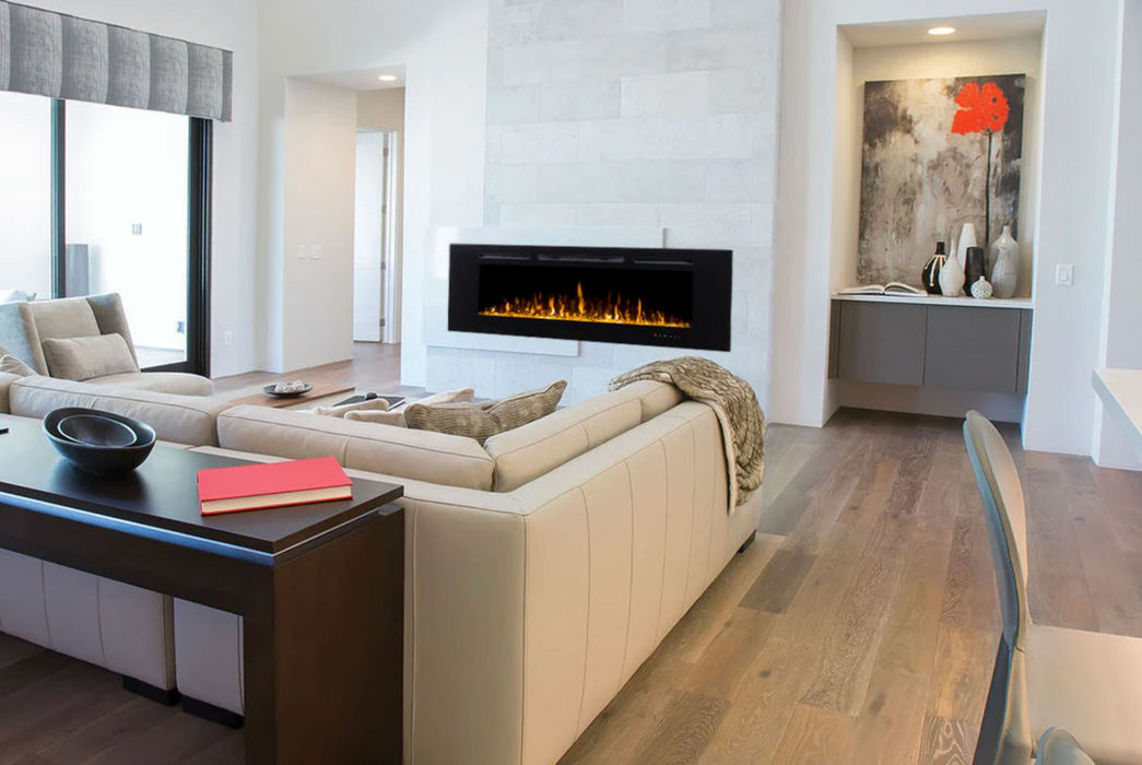 Modern Flames Challenger Series Built-In 60" Electric Fireplace Mounted on White Tile Wall in Living Room