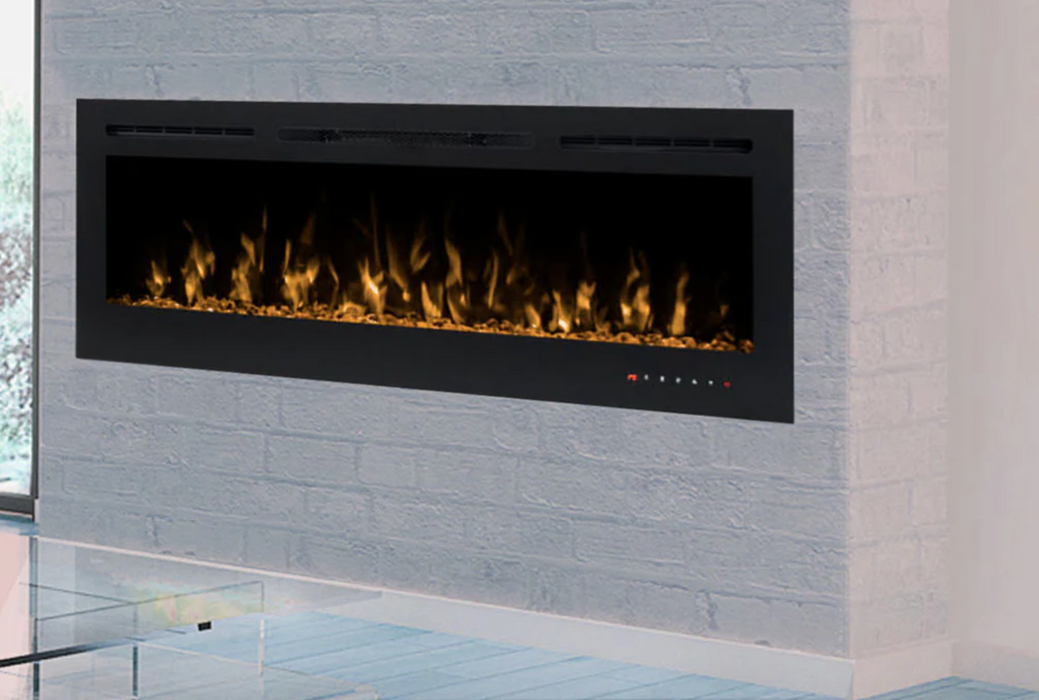 Modern Flames Challenger Series Built-In 50" Electric Fireplace Mounted on White Brick Wall