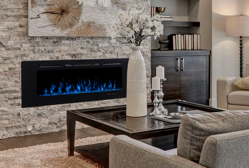 Modern Flames Challenger Series Built-In 60" Electric Fireplace Mounted on Fake Brick Wall in Living Room