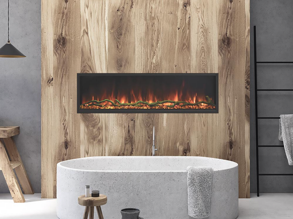 Modern Flames Landscape Pro Slim Built-In 96" Electric Fireplace Mounted on Wood Wall behind Bathtub