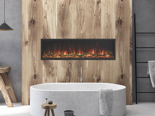 Modern Flames Landscape Pro Slim Built-In 68" Electric Fireplace Mounted on Oak Wall behind Bathtub