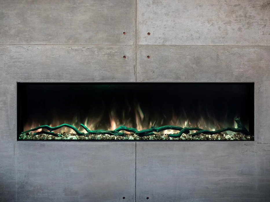 Modern Flames Landscape Pro Slim Built-In 96" Electric Fireplace with Green Flames Mounted on Concrete Wall