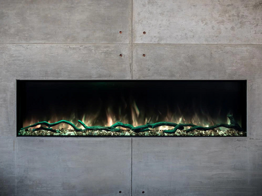 Modern Flames Landscape Pro Slim Built-In 68" Electric Fireplace Lit On with Green Flame on Concrete Wall