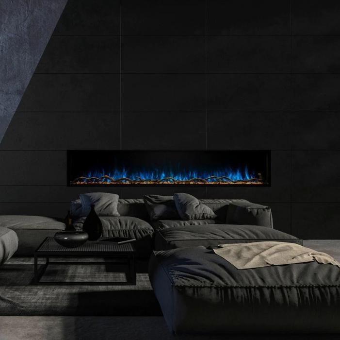 Modern Flames Landscape Pro Slim Built-In 96" Electric Fireplace Mounted Behind Living Room Couch