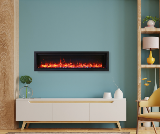 Remii WM Smart Built-In Electric Fireplace Mounted On Blue Wall