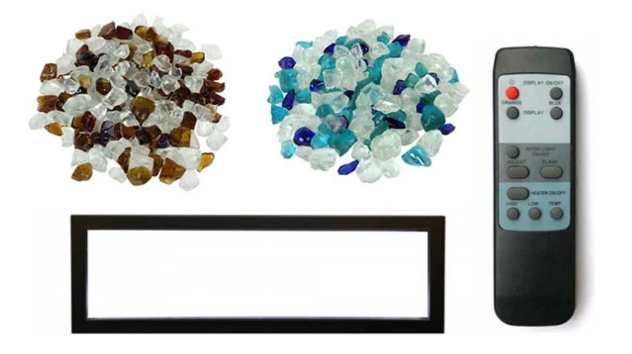 Black Trim Surround, Blue and Clear Fire Glass, Brown and Clear Fire Glass and Remote for Remiii Electric Fireplace