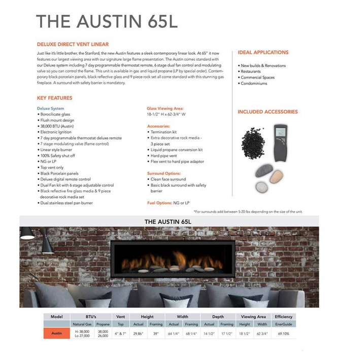 Sierra Flame Austin 65L Direct Vent Linear Gas Fireplace Specifications Sheet