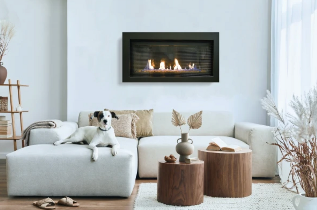 Sierra Flame Bennett 45L Direct Vent Linear Gas Fireplace in living room with dog sitting on sofa