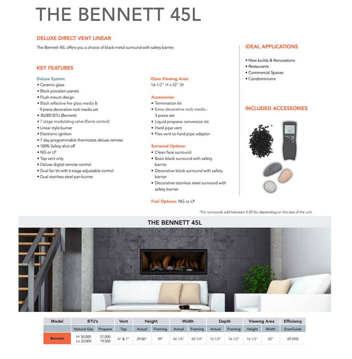 Sierra Flame Bennett 45L Direct Vent Linear Gas Fireplace Specifications Sheet