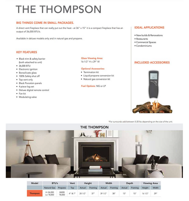 Sierra Flame Thompson 36 Direct Vent Linear Gas Fireplace Specifications Sheet