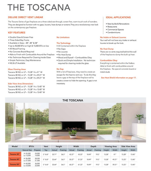 Sierra Flame Toscana 3 Sided Peninsula Linear Gas Fireplace Specifications Sheet