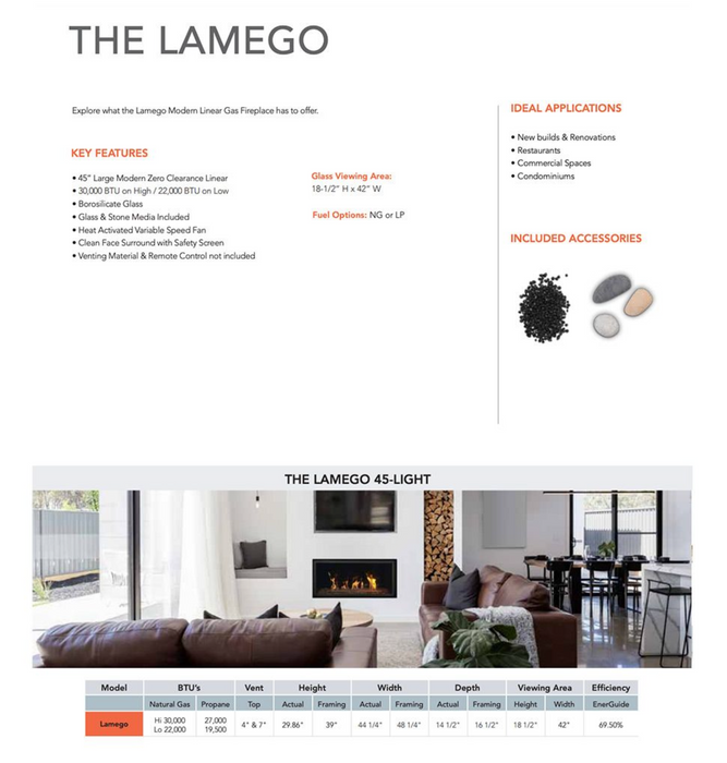 Sierra Flame Lamego 45″ Zero Clearance Contemporary Gas Fireplace Specifications Sheet