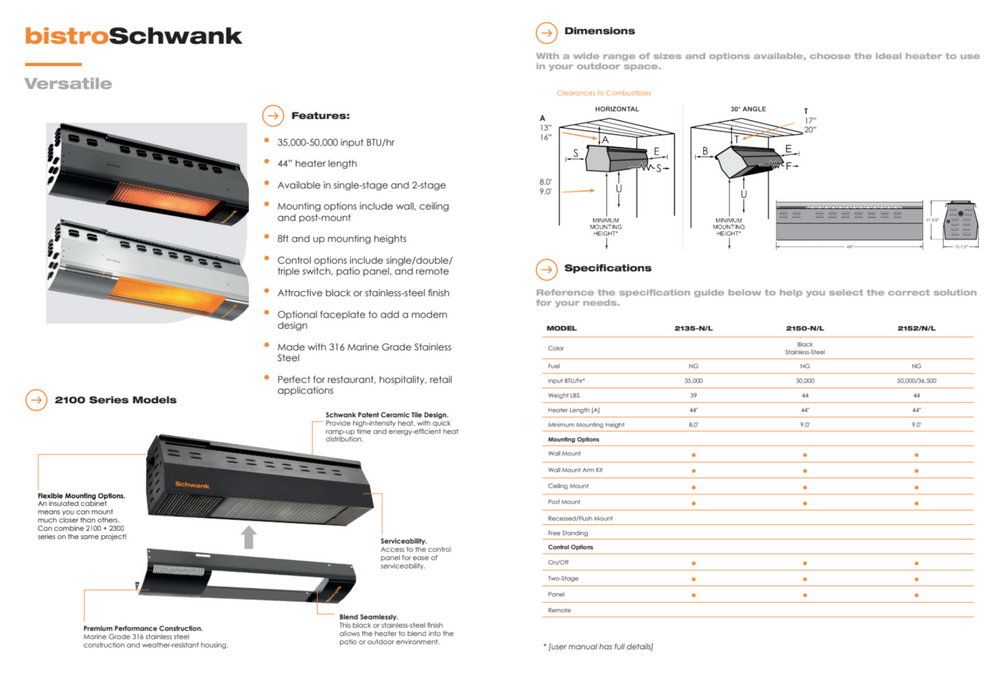 Schwank Outdoor Patio Heater - BistroSchwank Two Stage 36.5/50k BTU/h - 2100 Series