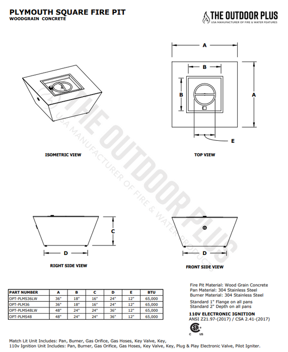 The Outdoor Plus Plymouth Square Concrete Fire Pit Table