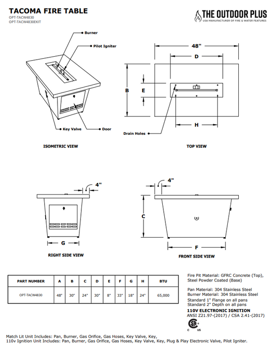 The Outdoor Plus Tacoma 48-Inch GFRC Concrete Fire Pit Table