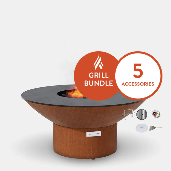 Arteflame Classic 40" - Corten Steel Grill - Low Round Base Home Chef Bundle With 5 Grilling Accessories
