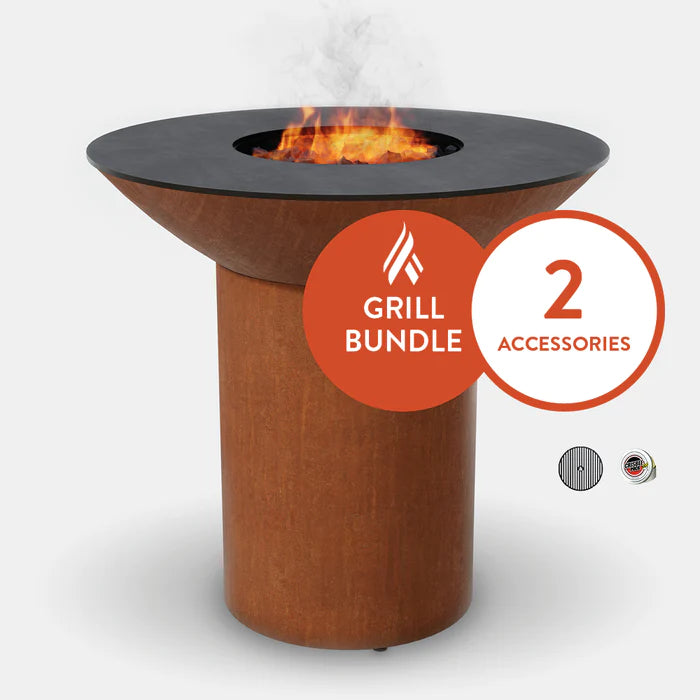 Arteflame Classic 40" - Corten Steel Grill - High Round Base Starter Bundle With 2 Grilling Accessories