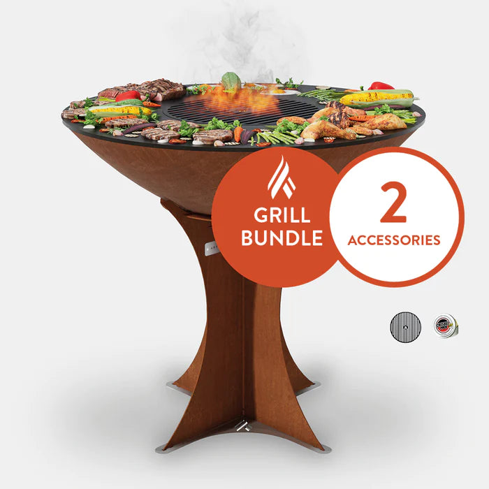 Arteflame Classic 40" - Corten Steel Grill - Tall Euro Base Starter Bundle With 2 Grilling Accessories