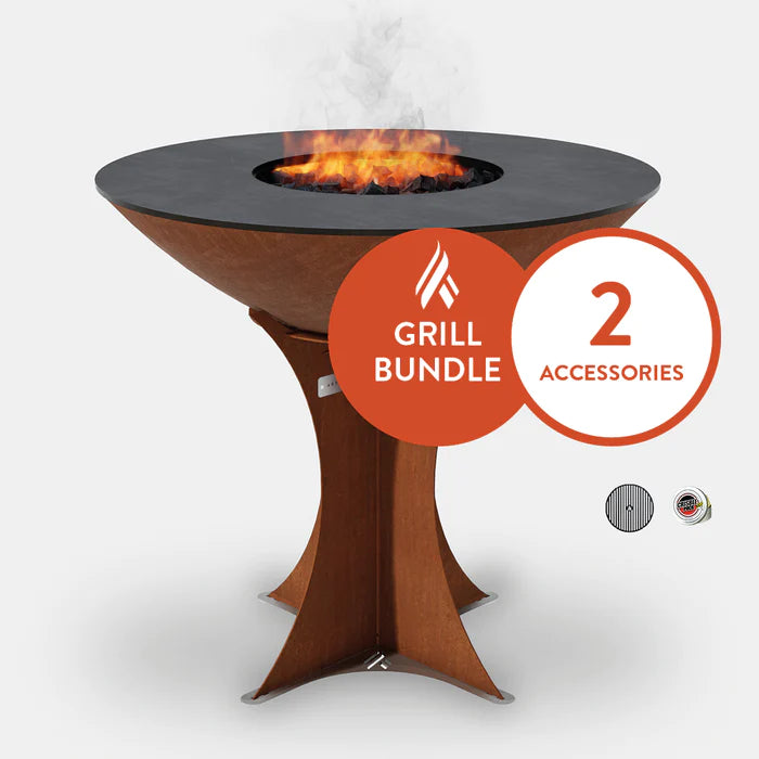 Arteflame Classic 40" - Corten Steel Grill - Tall Euro Base Starter Bundle With 2 Grilling Accessories
