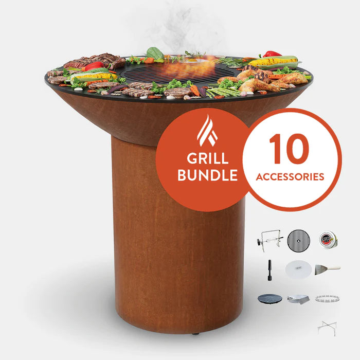 Arteflame Classic 40" - Corten Steel Grill - High Round Base Home Chef Max Bundle With 10 Grilling Accessories