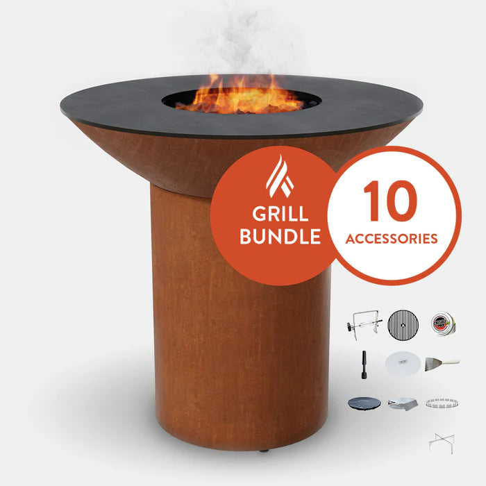Arteflame Classic 40" - Corten Steel Grill - High Round Base Home Chef Max Bundle With 10 Grilling Accessories
