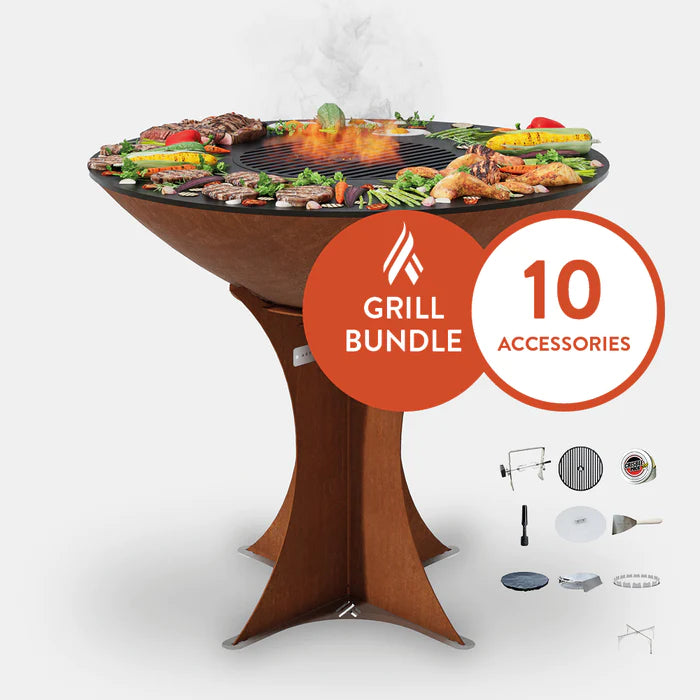 Arteflame Classic 40" - Corten Steel Grill - Tall Euro Base Home Chef Max Bundle With 10 Grilling Accessories