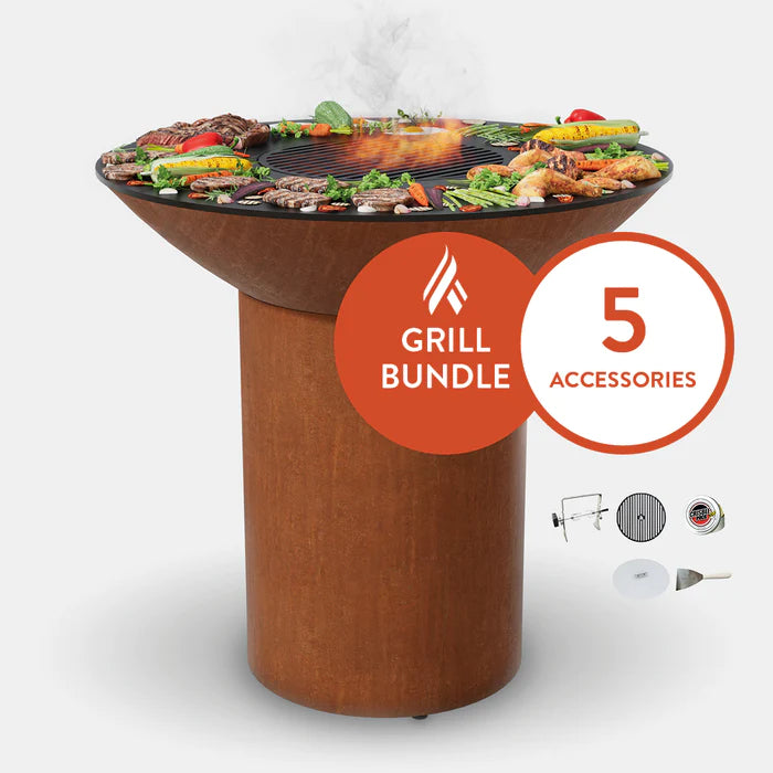Arteflame Classic 40" - Corten Steel Grill - High Round Base Home Chef Bundle With 5 Grilling Accessories
