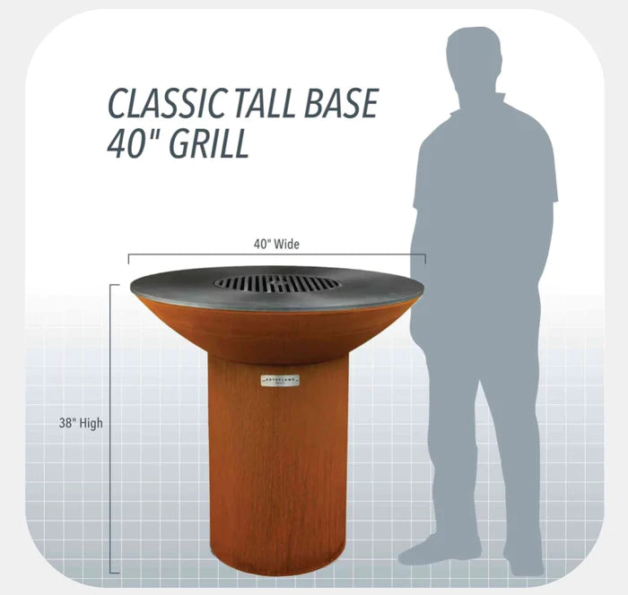 Arteflame Classic 40" - Corten Steel Grill - High Round Base Starter Bundle With 2 Grilling Accessories
