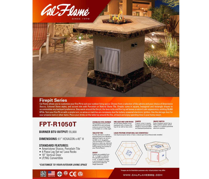 Cal Flame - Bar Height Stucco and Tile Fire Table FPT-H1050T