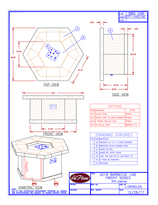 Cal Flame - Hexagonal Fire Table FPT-H401M