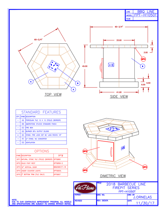 Cal Flame - Bar Height Stucco and Tile Fire Table FPT-H1050T