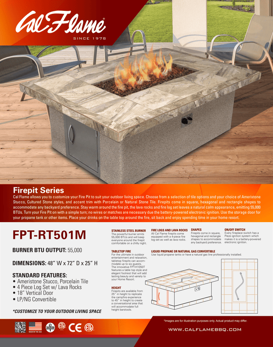 Cal Flame - Rectangle Stucco and Tile Fire Table FPT-RT501M