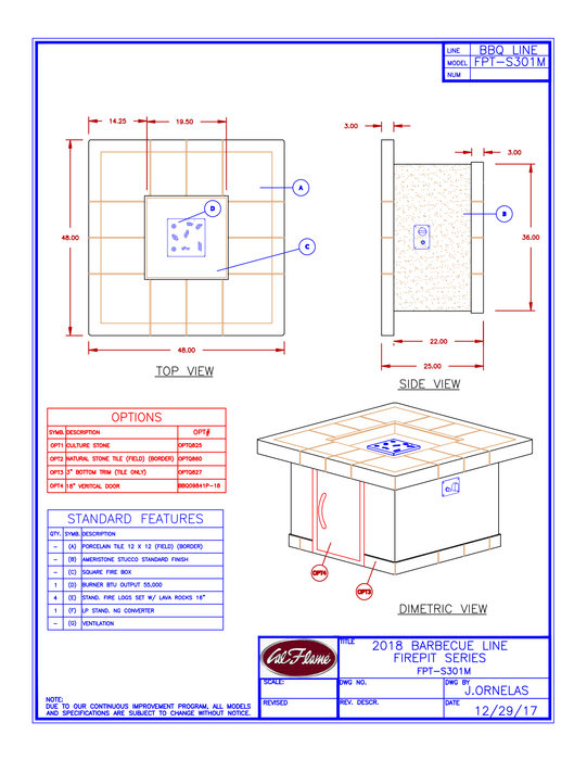 Cal Flame - Square Stucco and Tile Fire Table FPT-S301M