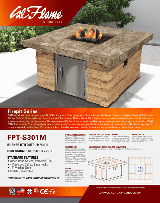 Cal Flame - Square Stucco and Tile Fire Table FPT-S301M