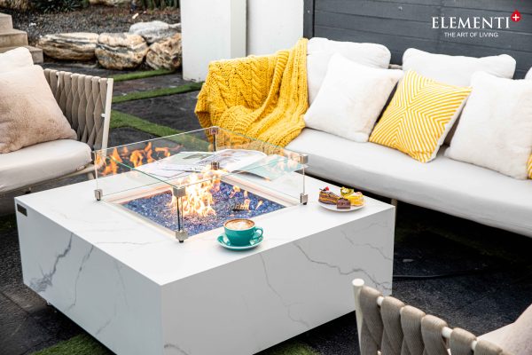 Elementi Plus Bianco Marble Porcelain Fire Pit Table OFP103BW