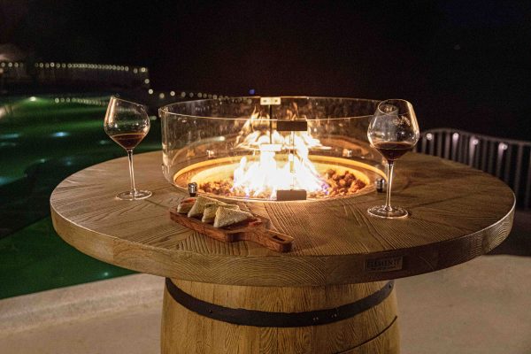 Elementi Lafite OFG225 Barrel Bar Fire Pit Table with Glass Wind Screen