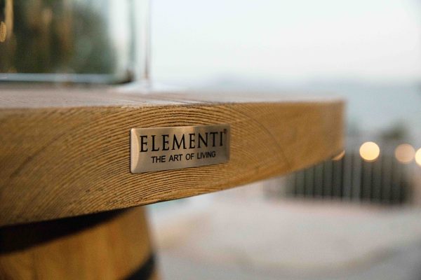 Elementi Lafite OFG225 Barrel Bar Fire Pit Table Close up Image on Logo