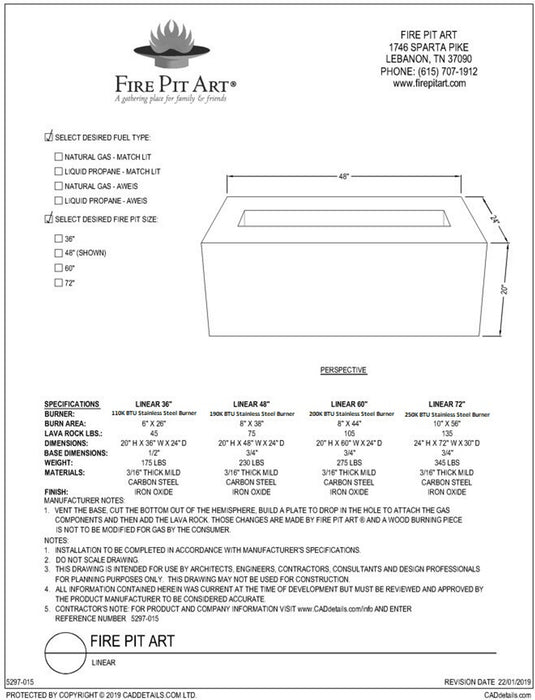 Fire Pit Art - Linear 60" Carbon Steel Fire Pit