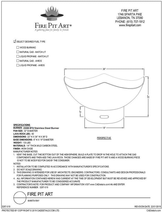 Fire Pit Art - Manta Ray Carbon Steel Fire Pit