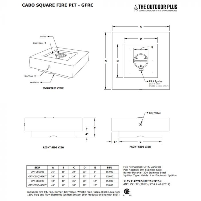 The Outdoor Plus Cabo Square GFRC Concrete Fire Pit